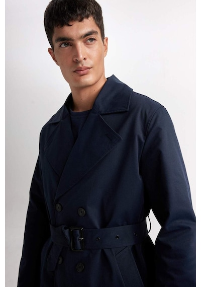 DeFacto Slim Fit Dar Kesim Düğmeli Kemerli Trençkot D5528AX25SPNV253 Lacivert