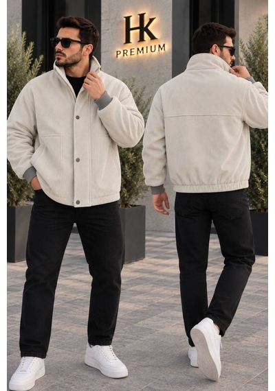 Hk Premium Erkek Fitilli Kadife Mont Astarsız Oversize Dik Yaka Çıtçıtlı Bomber Ceket Bej