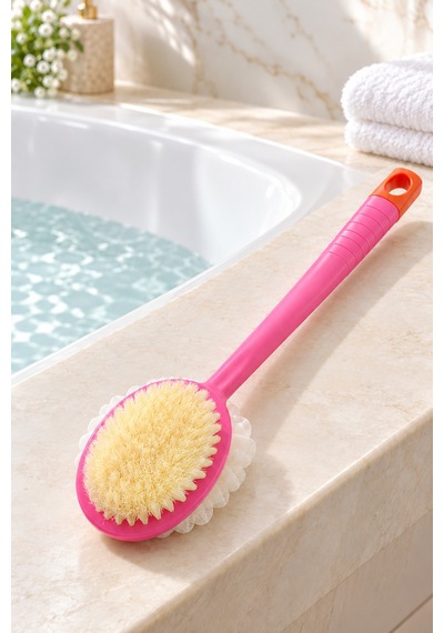 Çift Taraflı Duş Kesesi Ve Vücut Fırçası Uzun Saplı Banyo Fırçası, Peeling Etkili Masaj Kesesi Pembe Saplı - 930428623