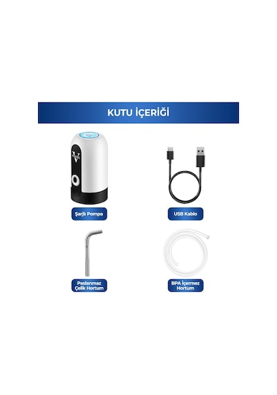 Vayomy 4 W Şarjlı Otomatik Damacana Su Pompası 1200 Mah Bataryalı, Bpa İçermez, Ce Belgeli Su Dispenseri Beya
