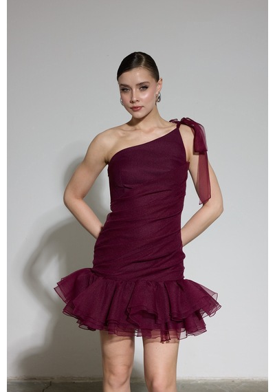 Carmen Kadın Tek Kol Fırfırlı Organze Abiye Elbise 58619 Bordo