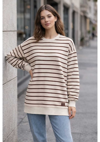 Tenra Oversize Geniş Kalıp Kadın Sweatshirt Bisiklet Yaka Basic Çizgili Kahverengi