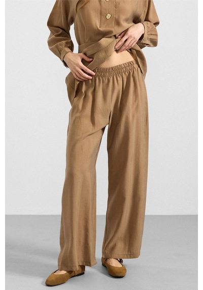 Olcay Metal Düğmeli Soft Kumaş Tunik Pantolon İkili Takım Kamel 9397-tk