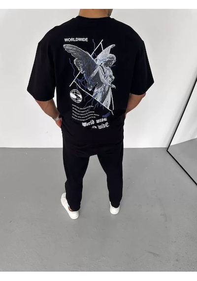 Modi Unisex Bisiklet Yaka Baskılı Oversize T-shirt - Siyah - Mymg106742