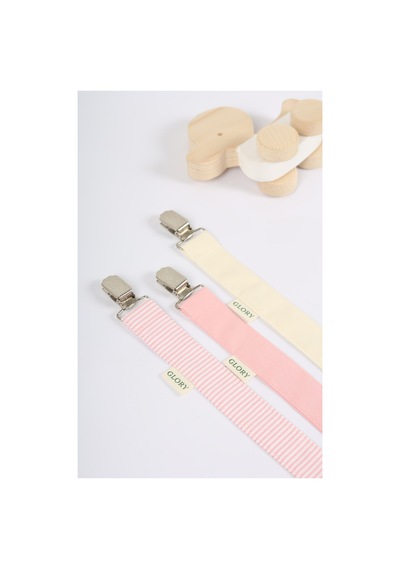 Emzik Askısı - Emzik Zinciri - Emzik Tutacağı - 3'lü Set - %100 Pamuk - Pudra Pembe,ekru