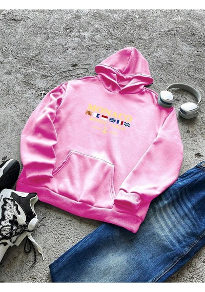 Unisex Pembe Monaco Baskılı Kapüşonlu Oversize Sweatshirt Pembe