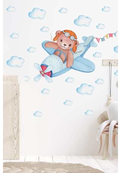 MSticker Uçakta Uçan Sevimli Ayıcık Ve Bulutlar Çocuk Bebek Odası Sticker Seti