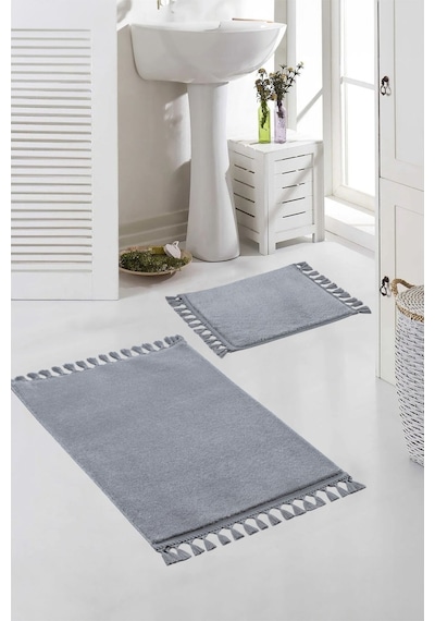 Vl Yıkanabilir Premium Ponpon Saçaklı Kaymaz Taban Post Peluş Banyo Paspası 2'li Takım Antrasit Gri