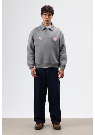 Vamos Polo Yaka Oversize Baskılı Yıkamalı Sweatshirt Füme