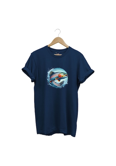 Alabalık Baskılı Balıkçılık %100 Pamuk Regular Fit Bisiklet Yaka Lacivert T-shirt Lacivert