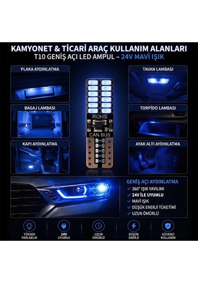 24 Ledli Dipsiz T10 Park Ampulü Mavi Işık 2 Adet 24 Volt