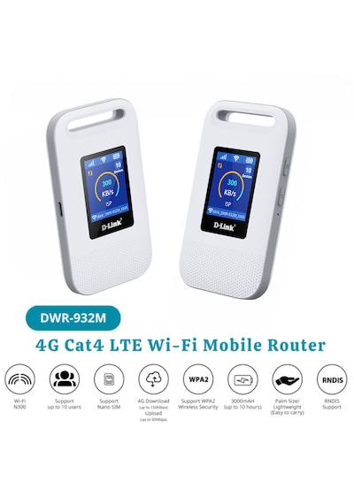 D-link Dwr-932m Cat4 Lte 4g/hspa Wi-fi N300, 3000mah Bataryalı Ve Renkli Lcd Ekranlı Taşınabilir Mobil Router