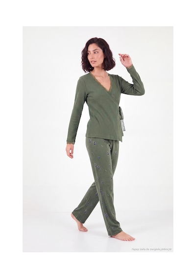 Lela Desenli Dantel Detaylı Bağlamalı Uzun Kollu Pijama Takımı Kadın Pijama Takımı 6575024 Haki