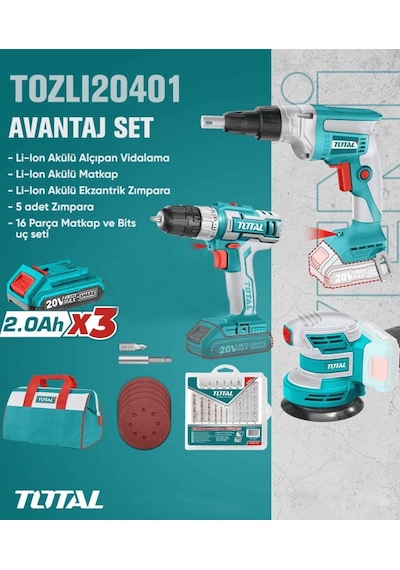 Total TOSLI20401 Alçıpan Vidalama + Matkap+ Ekzantrik Zımpa 3'lü Set
