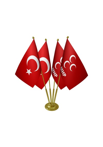 Masa Üstü Mhp Bayrağı Türk Bayrağı Dörtlü Pirinç Direk Masa Bayra