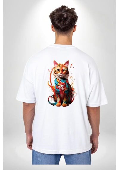 Renkli Yağlı Boya Kedi Beyaz Oversize Unisex Ön Ve Sırt Baskılı Tişört Beyaz