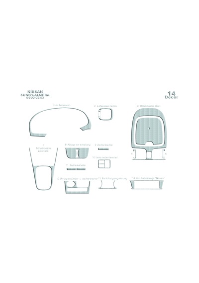 Nissan Sunny Almera Torpido Kaplama 2000-2003 14 Parça Alüminyum