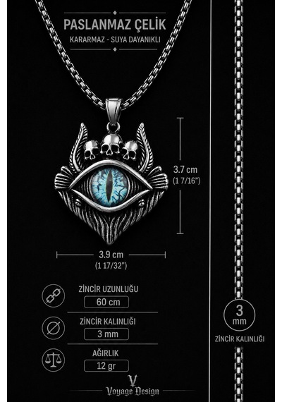 Mavi Ejderha Gözü Kolye Gotik Kafatası Detaylı Paslanmaz Çelik Kolye