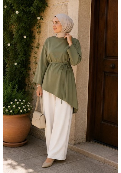 Maşuka Asimetrik Kesim Belden Bağlamalı Bol Kollu Kadın Tunik & Bluz - Şık Ve Modern Tasarım Haki Haki Maşuka Asimetrik Kesim Belden Bağlamalı Bol Kollu Kadın Tunik & Bluz - Şık Ve Modern Tasarım Haki Haki