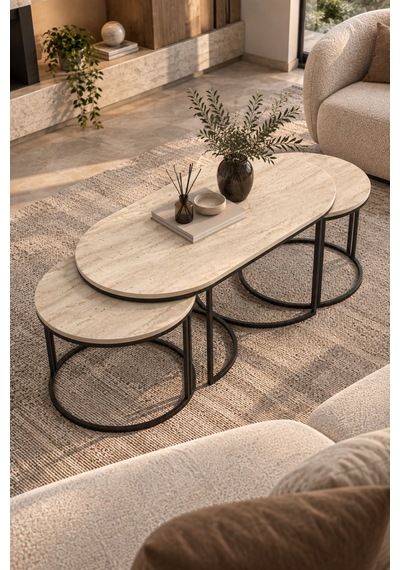 Sulorahome Bej 3'lü Oval Sehpa Seti