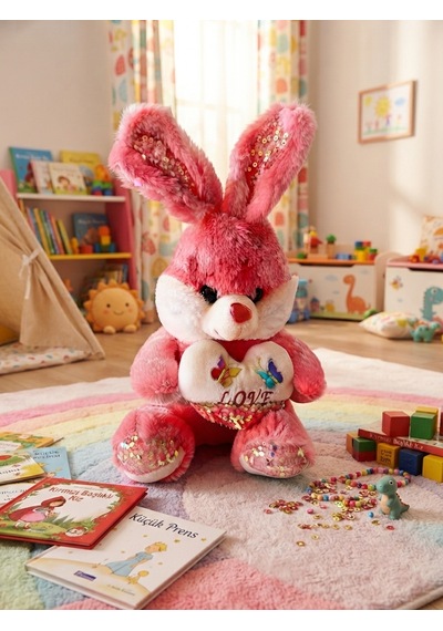 Peluş Pullu Tavşan-50 Cm Koyu Pembe