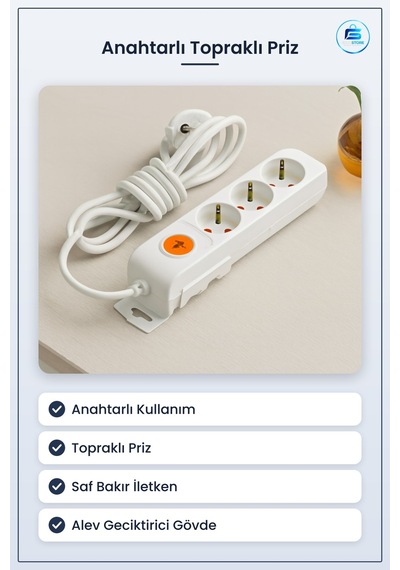 Grup Priz Uzatma Kablosu Anahtarlı Topraklı Bakır İletkenli Pvc E 1.5
