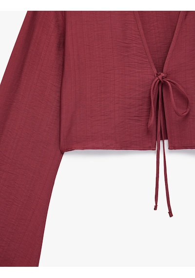Koton Geniş Uzun Kollu Önden Bağlama Detaylı Crop Bluz Bordo 6sak60540uw