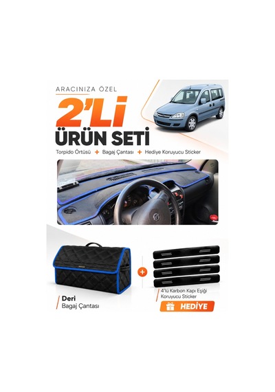 E-biz Opel Combo C 2001-2011 Uyumlu Torpido Örtüsü + Deri Bagaj Çantası Seti - Siyah-mavi - Op007