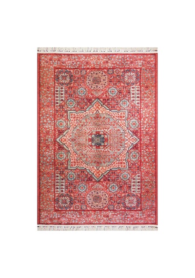 Frenda Home Vintage Desen Pamuk Taban Baskılı Yıkanabilir Halı Kırmızı