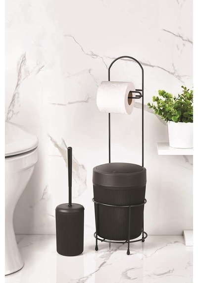 Metal Standlı Yuvarlak Kovalı & Kağıtlıklı & Fırçalıklı Siyah Banyo Takımı
