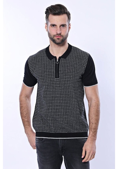 Yake Store Polo Yaka Siyah Desenli Fermuarlı Örme T-shirt Wessi - Siyah