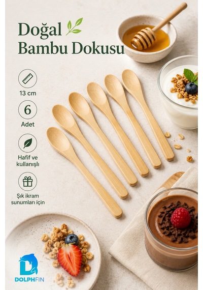 Mini Bambu Kaşık 6 Lı Set 15 Cm Doğal Bambu Tatlı Reçel Bal Baharat Sunum Kaşığı Bej