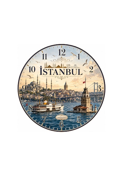 AA Shop İstanbul Türkiye Şehir Manzaraları Desenli Dekoratif Baskılı Ahşap Duvar Saati 45 Cm Sessiz Akar Mekanizma 897 Çoklu Renkli