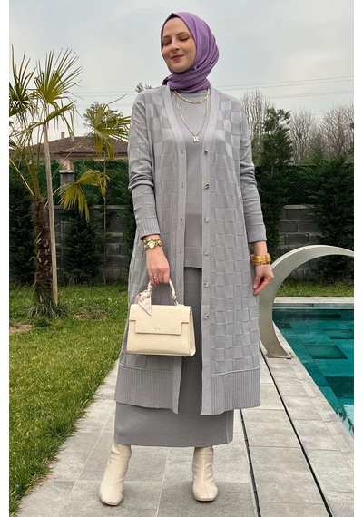 Rabia Şamlı Dama Desenli Gri Triko Hırka Çok Renkli