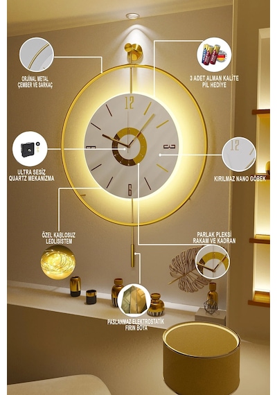 MetaQuartz Aksesuar İskandinav Kadran Gold Büyük Boy 50 x 75 CM 3 Adet Pil Metal (Mobilya) Duvar Saati Gold