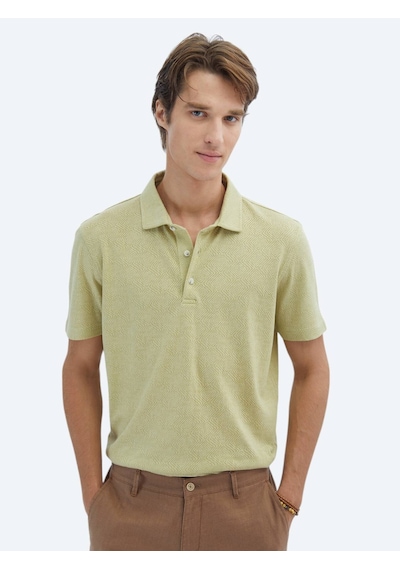 Kip Limon Küfü Desenli Polo Yaka Pamuk Karışımlı T-shirt Haki