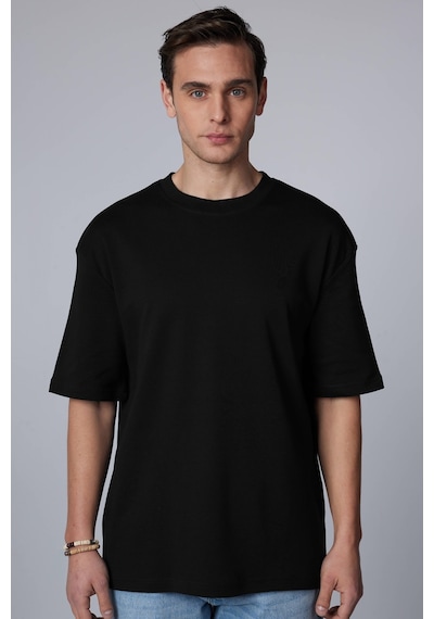 Tudors Unisex Oversize Geniş Kesim Pamuklu Yumuşak Dokulu Basic Bisiklet Yaka Siyah Tişört-30843-siyah Siyah