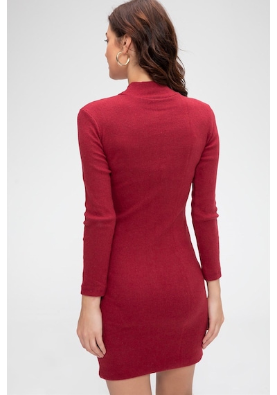 Moda Dua Kadın Bordo Kaşkorse Balıkçı Yaka Uzun Kollu Bodycon Mini Elbise
