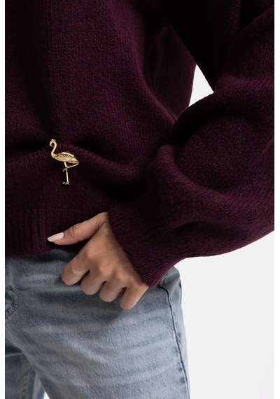 Kadın Bordo W6-57 Oversize Aksesuar Detaylı Tasarım Triko Kazak