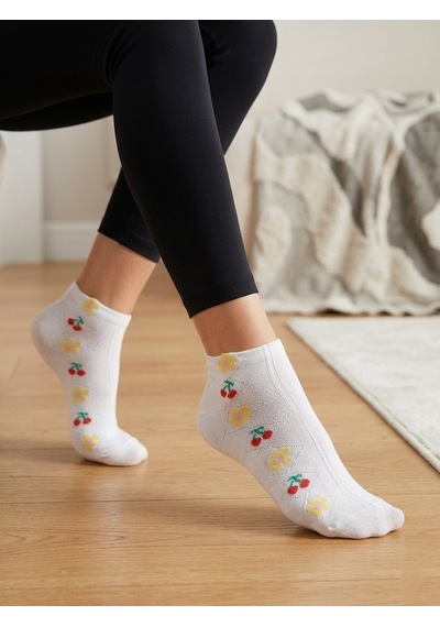 Heren Socks Heren Minimal Ve Kabartma Desenli 4'lü Ekru Pamuk Kadın Patik Çorap Meyve Çiçek Figürlü