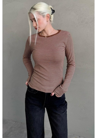 Kahverengi Çizgili Uzun Kollu Kadın Body Mg2657 Kahverengi