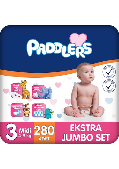 Bebek Bezi 3 Numara Midi (4-9 Kg) 280 Adet – Ekstra Jumbo Set, Hassas Ciltlere Uygun