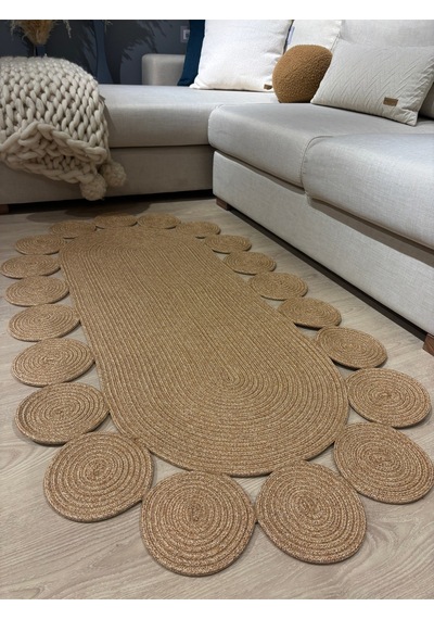 Mavaux Oval Papatya Hasır Jüt Çiçek Desenli Kilim Halı Bej