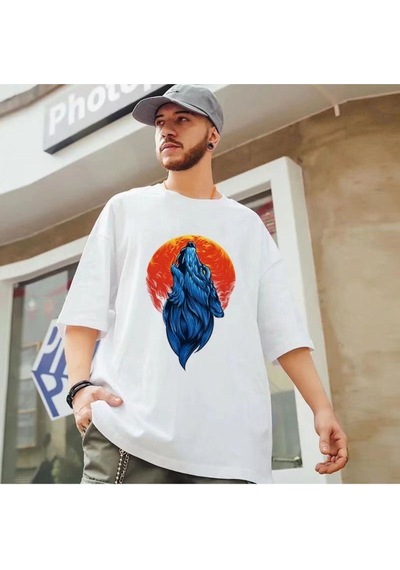 Flood Of Style Erkek Beyaz Kurt Baskılı Oversize Biziklet Yaka Tişört