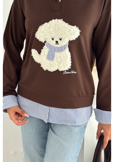 Kadın Nakış Peluş Ayıcık Figürlü Sweatshirt Eğlenceli & Şehirli Stil Kahverengi