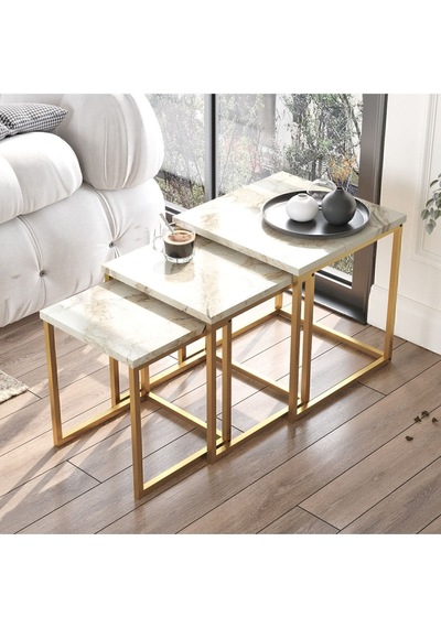 Atlantis 3'lü Gold Metal Zigon Sehpa Mermer Desen Atl7-ge Beyaz
