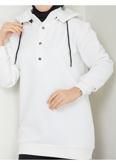 Raika Moda Kapşonlu 3 İplik Büyük Beden Tesettür Sweatshirt Ekru
