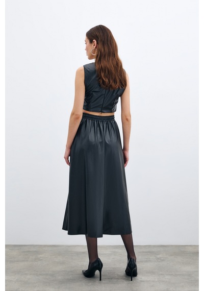 Sateen Bel Lastikli Deri Etek - Siyah-135588 Siyah