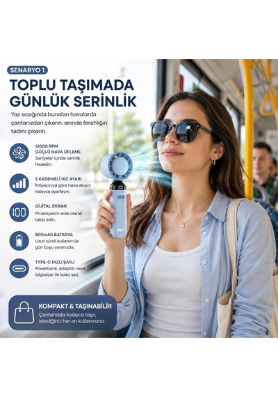 Katlanabilir El Tipi Mini Fan, 12000 Rpm Güçlü Hava Akışlı, 5 Kademeli Dijital Göstergeli, Type-c Şarjlı Taşınabilir Soğutucu Fan Diğer