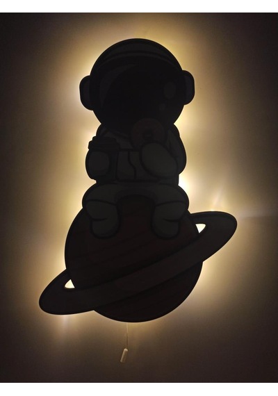 CajuArt Astronot Donut Ahşap Led Işıklı Çocuk Odası Duvar Tablosu